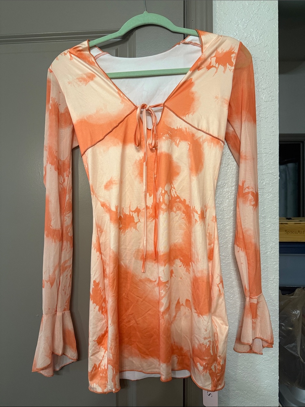 Tie-Dye Long Sleeve V-Neck Women’s Dress - Orange